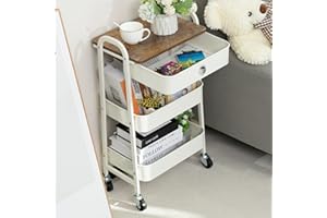 DOEWORKS Storage Trolley on Wheels Metal 3-Tier Trolley Cart with Drawer Kitchen Trolley Rolling Beauty Trolleys for Room Bathroom Office, White