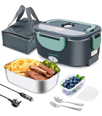 Elektrische lunchbox 80W Sneller Verwarmde Lunchbox Draagbare Voedselwarmer voor Auto Thuis met Verwijderbare 304 RVS Container Lepel & Vork en Draagtas (Groen