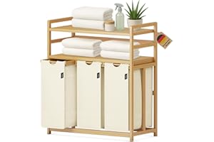 XMHome Wäschesammler 3 fächer 148 Liter aus Bambus mit 2 Ebenen Großer Wäschekorb mit Herausnehmbarem Wäschesack Rechteckige Wäschebox für Bad Schlafzimmer und Waschküche 77.5x41.3x100.5CM Beige