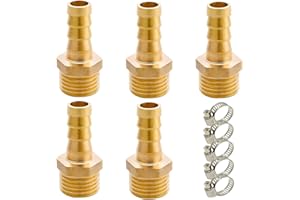 MEISO 5 Pièces Raccord Cannelé en Laiton pour Tuyau, Embout de Tuyau en Laiton G3/8" Mâle, Raccords Cannelés 3/8" BSP Mâle x 10 mm Adaptateur de Tube avec 5 Colliers de Serrage, Raccord Fileté