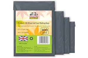 Double Dragon 100-Pack 4 Size (4x9/9x12/10x14/12x16 inches, 25 Each) Self-Seal Grey Poly Mailer Bags | Strong, Waterproof, Tamper-Proof Polythene Packaging for Clothes, Parcels (Also for Storage)