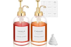 BOSSJOY Coffee Syrup Dispenser, Pump Dispenser for Coffee Home Bar, Glass Syrup Bottle w. Gold Pump, Coffee Pump Dispenser Included Funnels and Labels, Set of 2, 16.9 oz 500 ml