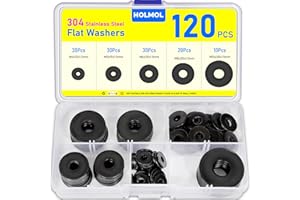 HOLMOL Washers 120PCS, Black Flat Penny Washers, Stainless Steel Washer for Screws & Bolts with 5 Sizes M4 M5 M6 M8 M10, Flat Metal Washer Assorted