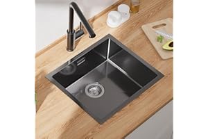 CECIPA Fregadero Cocina 50x44cm Negro Antracita, Fregadero de Acero Inoxidable bajo Encimera o Sobre Encimera, con Sifón y Rebosadero
