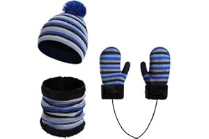 Yoolhamy Kids Hat Scarf Gloves Set for Girls Boys Winter Knitted Snood Neck Warmer Beanie Hat Soft Thick Fleece Lining Elastic Pom Pom Hat Cap for Children Outdoor Sports