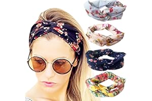 DRESHOW 4 Stück Damen Elastische Blume Gedruckt Stirnbänder 1950 Archaistisch Frauen Baumwolle Gestrickte Verdrehte Weiche Turban-Kopf-Verpackungs, Pink Green Blue Navy, Einheitsgröße