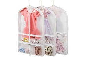 Belinlen 3 Pcs 40" Kids Dance Costume Garment Bag with 4 Medium Clear Zipper Pockets and 1 Large Back Zipper Pocket, Clear Dance Costume Bag for Travel Storage Suit Dress Bag for Dance Competition