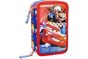 RONGJ CARS - ASTUCCIO SCUOLA 3 ZIP ORIGINALE CARS - SAETTA MCQUEEN - COMPLETO DI 44 PEZZI - PRODOTTO UFFICIALE DISNEY CARS (ROSSO/AZZURRO)