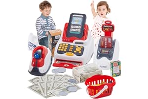 Qivange Toy Till Cash Register for Kids Toys Shop Age 3 4 5 with Scanner and Music, Play Money Pretend Toddler Toys with Food Fruit Basket Milk Credit Card Banknotes, Role Play Shop Toys Birthday Gift