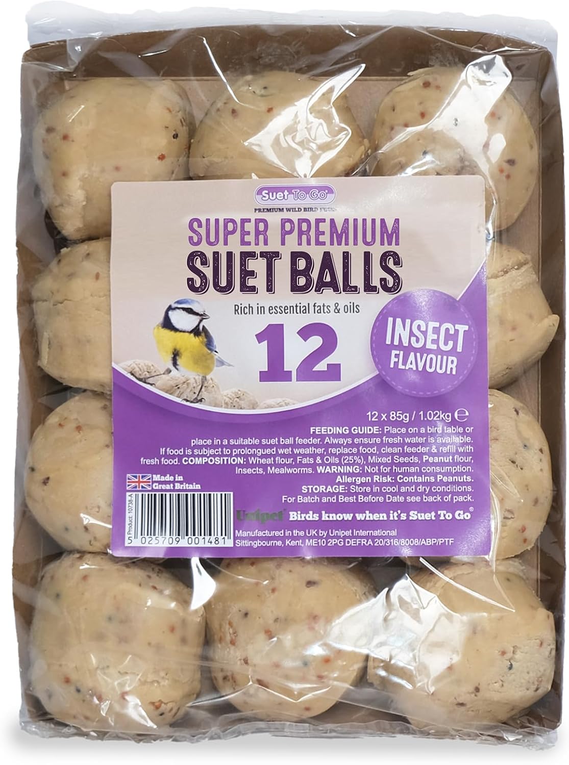 Suet To Go Insect Suet Balls Tray 12x85g - 12 Pack (85g per Suet Ball) - Premium Wild Bird Food