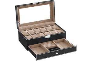‎SONGMICS SONGMICS Pudełko na zegarki z 12 przegródkami, szklana pokrywa, zamykane, 2 poziomy, 1 szuflada, na pierścionki/bransoletki, na prezent