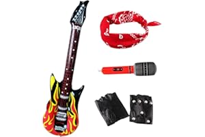 MIVAIUN 4-częściowy zestaw punkowy rocker, rękawice typu punk rocker, duża nadmuchiwana gitara, nadmuchiwany mikrofon, opaska na głowę do rockowej punkowej dyskoteki, na rockowe akcesoria do stroju (4