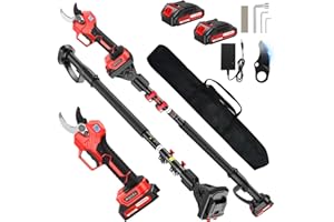 POIFL Tijeras de Podar Eléctricas 50mm con Pértiga, 2 EN 1 Tijeras de Podar Baterías con Hoja SK7, Alcance de 2,5m, 21V 1000W Motor Sin Escobillas, 2 * 2000mAh Baterías, 6-10 Horas, Jardinería y Poda