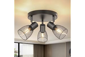 Dehobo Focos Para el Techo E14, Lámpara de Techo de 3 Focos Giratorios Negro, Foco de Pared Interior Iluminación LED con Pantallas de Malla Metálica para Dormitorio Cocina Pasillo (Sin bombillas E14)