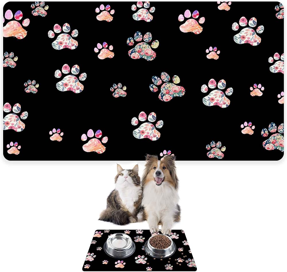 Monnhein Mama ve Su Evcil Hayvan Beslenme Matı, Kolay Temizlenen Emici Su Geçirmez Kumaş, Küçük Orta Boy ve Büyük Kedi ve Köpekler için Dayanıklı Köpek Kedi Paspas (50x35, Siyah Renkli Pati)