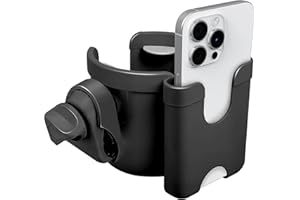 MC MICUS Portavasos 2 en 1 | Negro, plástico Resistente | Soporte para teléfono, rotación 360°, Agarre Antideslizante | Accesorio Universal para Carrito bebé y Bicicleta