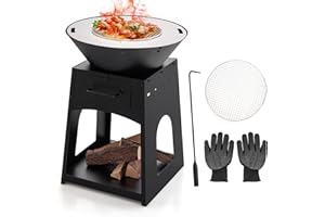 KOMFOTTEU Brasero Extérieur 2 en 1, Foyer de Jardin avec Grille, Boîte à Cendres, Tisonnier et Gants, Foyer métallique avec Compartiment pour Bois et Charbon, Ø 60 x 80 cm, Noir