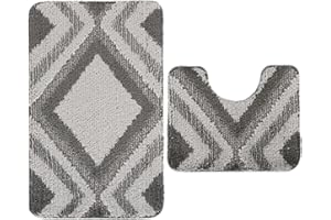 Nest & Nibble Bath Mats 2 Piece Set Non Slip Bath Mat & Toilet Rug – Soft Microfiber, Quick Dry, Machine Washable, Water Absorbent Shower Mats – Bathroom Carpet Essentials (Grey Design1, 50x80)