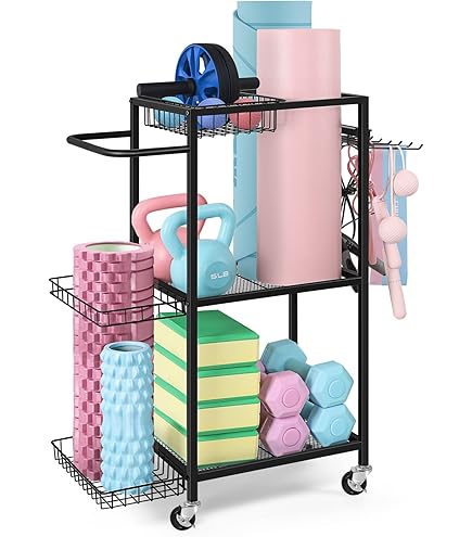 smusei Sportuitrustingsstandaard, 3-traps yogamat, opslag, metalen halterstandaard met wielen en 8 haken, thuis, fitnessapparatuur, wagen voor yoga, blok, kettlebells, enz., wit