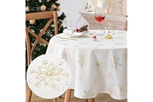 Alishomtll Christmas Tablecloth Table Cover Waterproof Table Cloth Round Wipe Clean, Gold Snowflake Xmas Washable Tablecloth for Holiday Dinner Kitchen Party New Year, Diameter 57in/146cm