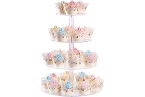 AMEITECH Stojak na babeczki, 4-poziomowy okrągły akrylowy stojak na babeczki, wieża deserowa, stojak na ciasta, na ślub, urodziny, imprezę tematyczną, 38,8 cm (przezroczysty)