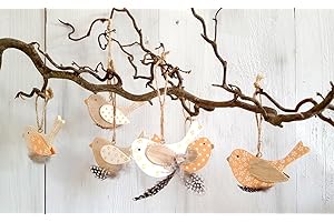 ‎LB H&F 6er Set Anhänger Vögel mit Feder Deko Holz Vogel Holzanhänger Dekoanhänger Dekovögel (Vögel 6er Set)