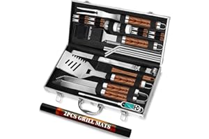 ROMANTICIST 29pcs BBQ Grill Tool Set for Men Dad, Heavy Duty Stainless Steel Grill Utensils Set, Non-Slip Grilling Accessories Kit with Thermometer, Mats in Aluminum Case for Travel, Outdoor Brown