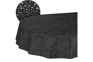 ANRO Tovaglia in tessuto, in cotone, poliestere, lavabile, tinta unita, ornamento damascato, tessuto jacquard, lavabile, colore nero, ovale, 180 x 140 cm, bordo tagliato