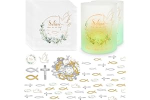 JWDMHSJ Kommunion Deko, Windlicht Tischdeko Kommunion, 8 Lampenschirm,40 Servietten, 50 Holz Fische Deko,10 Papierschnipsel Kommunion Dekoration Servietten Für Taufe Kommunion Konfirmation