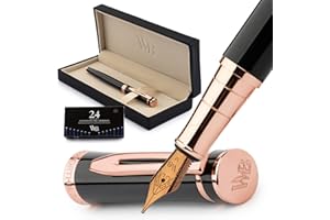 Wordsworth & Black Set de stylo plume,Plume moyenne dorée à l'or 18K, Comprend 24 cartouches d'encre,un convertisseur de recharge d'encre et une boîte cadeau,finition or, calligraphie,[Noir Or Rose]
