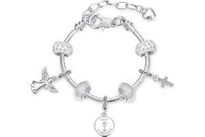 Herdear First Holy Communion Charm Bracelets for Girls Glitter Personalised Engraved First Communion Gifts with Pendant