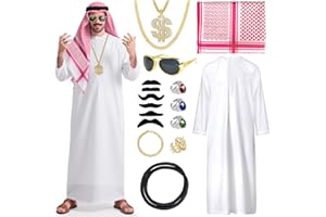 GRANTOP Kostium szejka męski, 16-częściowy kostium arabski dla dorosłych, arabska szata z chustką na głowę, okulary przeciwsłoneczne, naszyjnik, pierścionki, kostium orientalny męski, karnawał, na imprezę