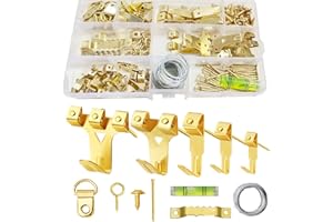 XIAO MO GU 162Pcs Heavy Duty Picture Hooks for Hard Walls-Picture Hanging Kit with Wire,Sawtooth, D-Ring, Nails with Screws for Mirrors, Picture Frames ,Decor & Paintings (Gold)