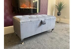 SK LUXURY LIVING Ottoman Storage Box - Engineered Wood Fabric Buttons Luxurious Plush Velvet Ottoman Storage Bench, Perfectly Designed Ottoman for Bedroom Storage (Silver Plush, Legs)