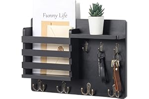 WateryWave Llavero de Pared con Estante de Madera para Organizar el Correo Llaveros de Pared con 4 Ganchos Dobles para Llaves Decoración Rústica para la Entrada Mudroom Hallway Office, Negro