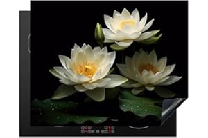 KitchenYeah© Protezione Piano Cottura Tappetino per Induzione 65x52 cm Cucina Proteggi Coprifornello Antiscivolo Loto - Fiori - Bianco - Naturale - Nero