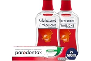 ‎CHLORHEXAMED Parodontax tägliche Original Zahnpasta, 1x75ml + Chlorhexamed Tägliche Mundspülung, Effektive Plaquereduktion, 2x500 ml