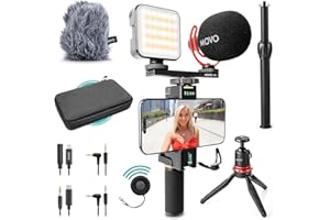 Movo iVlogger-PRO Vlogging-Kit für iPhone/Android – YouTube-Starter-Kit für Content Creator – Zubehör: Handy-Stativ, Handy-Halterung, RGB-Licht und VXR10 Richtmikrofon