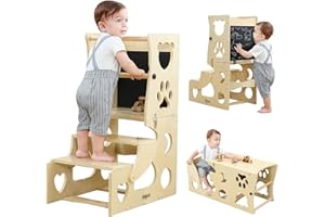 HOBUBU Toddler Tower, 3-in-1 Wooden Learning Standing Tower with Safety Rails, Kitchen Step Stool for Kids with Montessori Chalkboard, Foldable Toddler Table and Chair Set for 3+ Years, Cartoon Shape Natural