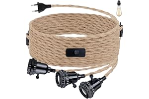 GOMETY 3 paia di portalampada E27, kit a sospensioni con interruttore, corda di canapa 6,8 m, lampada fai-da-te vintage, cavo tessuto, kit per soggiorno