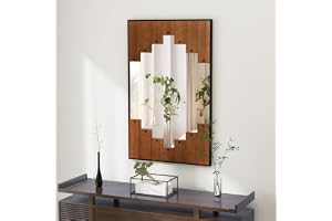 COSTWAY Rektangulär spegel med träram, 66 x 95 cm, rustik väggspegel med tvåriktningskrokar, hängande spegel med metallram, k