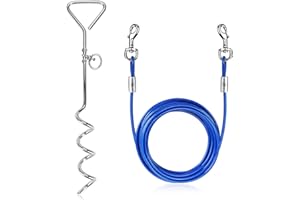 Welltop 16 ft Dog Tie Out Cable with 15" Spiral Ground Stake Spike for Dog Up to 120 lb for Playing, Camping and Backyard in Ground (Blue)