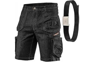 NEO TOOLS Kurze Arbeitshose Herren - Denim Arbeitsshort mit Arbeitsgürtel - Jeans-Optik Arbeitshosen für Männer Kurz - Multifunktionale und Geräumige Taschen - Arbeitshose Sommer