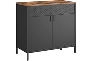 SONGMICS Meuble de Rangement, Buffet, en Métal, Double Porte, Fermeture Magnétique, Cadre en Acier, 40 x 80 x 76 cm, Marron Rustique et Noir LSC102B01
