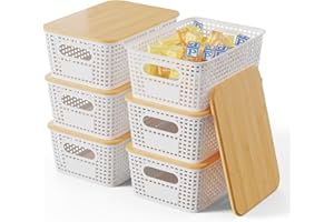 Shrivee Set di 6 5L Scatole portaoggetti di Plastica con Bambù Coperchio Impilabili Salvaspazio Storage Cestini per Bagno Cucina Armadio Ufficio