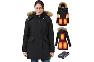 GOTOBI Women's Heated Jackets with Power Bank 18400mAh 12V - 8 Heating Zones Hooded Winter Coat with 3 Temperatures, Waterproof Warm Long Puffer Jacket,Windproof Parka for Women Skiing, Camping