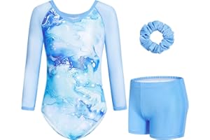 Gogokids Mädchen 3-teilige V-Ausschnitt Turnanzüge, 3/4-Arm Turnoutfit mit Netz Splicing Design, Funkelnde Turnbekleidung für Mädchen mit Shorts und Haarband für Alter 3-12 und als Turngeschenk