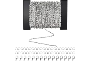HQdeal 39.4 Füße 3 mm Edelstahl DIY Link Kette Meterware Gliederkette Chain mit 100 Sprung Ringe und 30 kettenverschluss für Schmuck Basteln Herstellung, Gold und Silber (Silber)