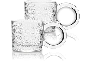 HolaJia Tazze da espresso Tazze da caffè in vetro 8,4 once Set di 2, Tazze da tè in rilievo trasparenti, Vetreria vintage con manico, Bicchieri da demitasse per bevande calde (Begonia)