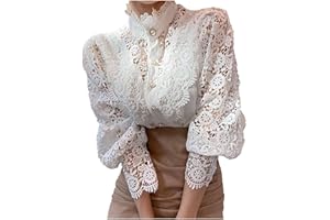 NUSGEAR 2023 Camiseta de Manga Larga Mujer Moda Colores sólido Blusa Encaje Elegante Camisa Cuello Alto Suelto Tops Fiesta Casual T-Shirt Original otoño Primavera Botones tee Cómodo Jersey